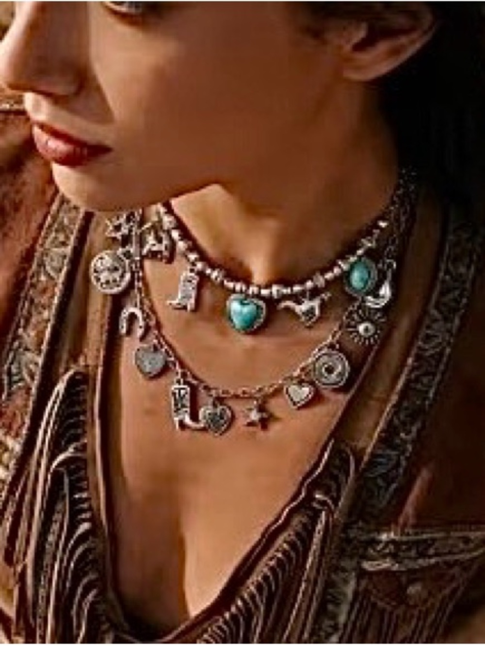 Western Necklace Silver-Tone Turquoise Heart & Charm Layered Necklace Cowgirl